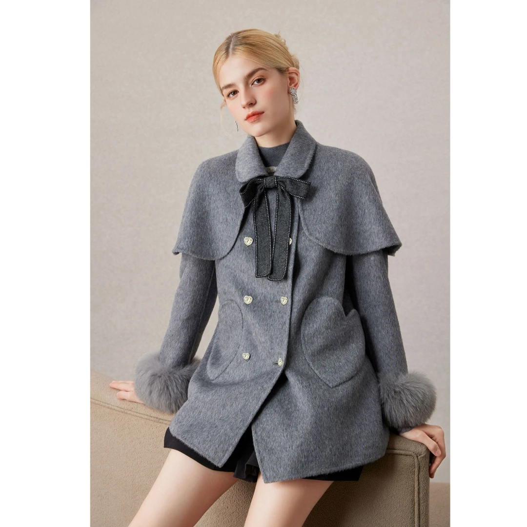 COCO BECCI【悉尼雪夜】真丝骆驼绒绵羊毛娃娃领呢大衣CFJJC300155