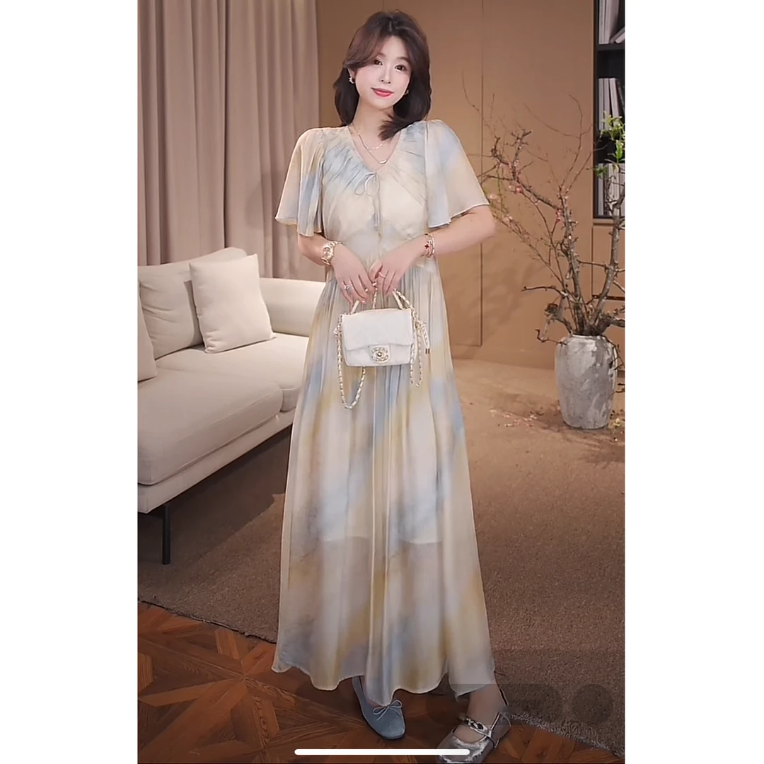 GZQJ【云染轻舞】欧若风松紧腰扎染V领短袖连衣裙春夏款女9039