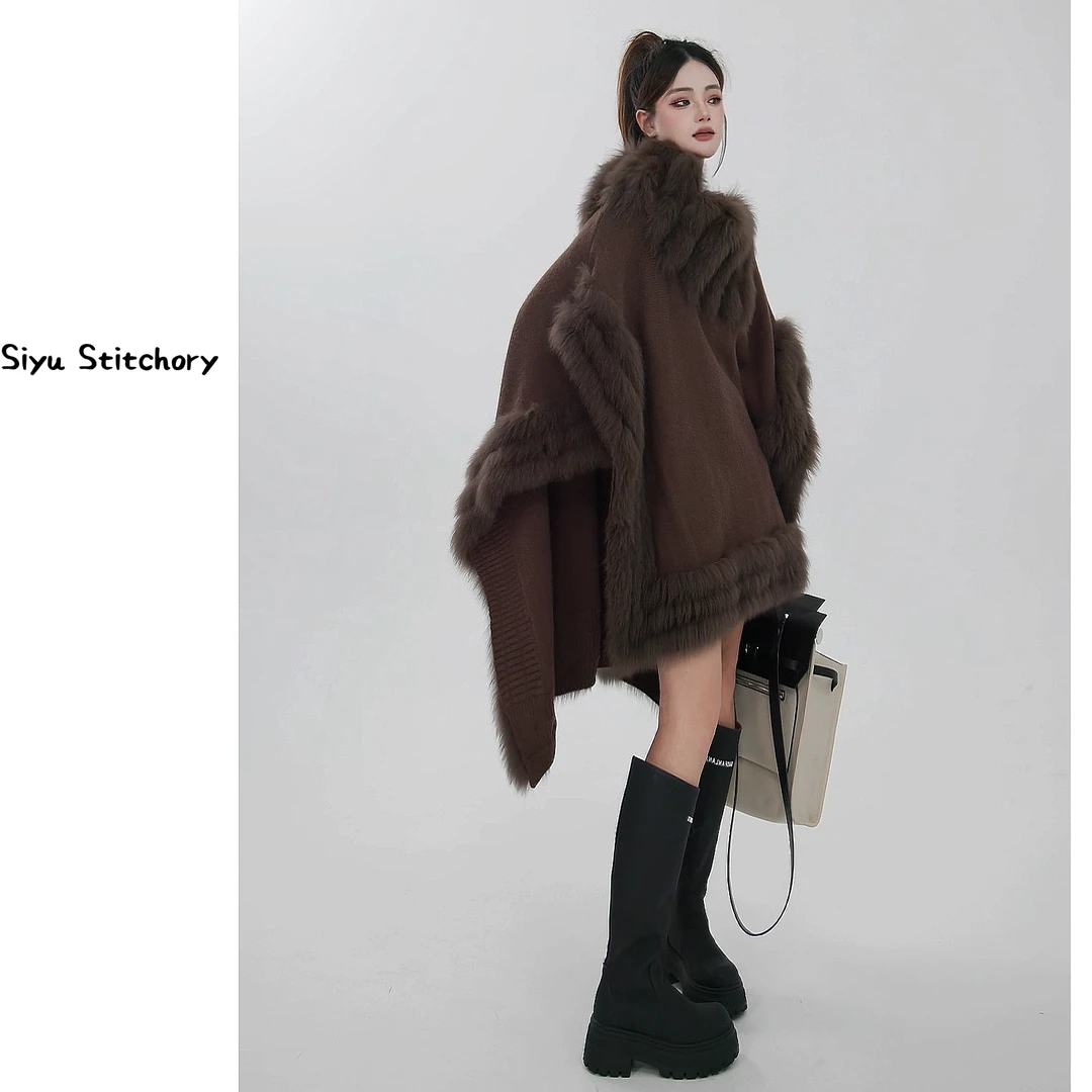【思语】“时光定格” CC6300 原创设计师款狐狸毛针织斗篷皮草外套