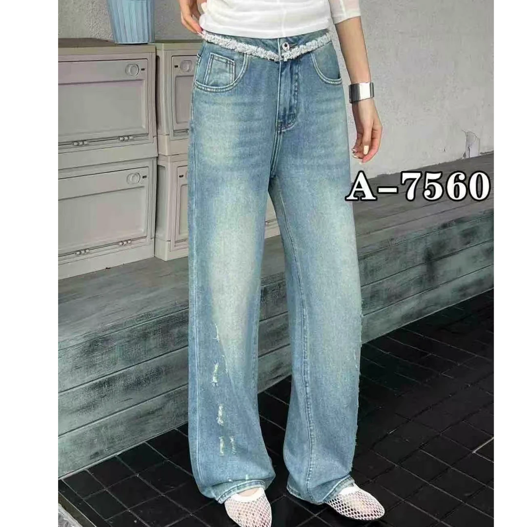 小鑫肝@南韩高货流苏拼接磨破时尚阔腿牛仔裤 7560
