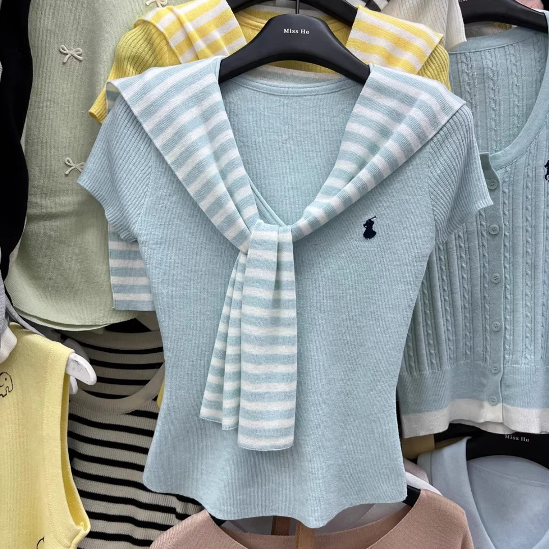 十三行2025夏装新款韩系条纹披肩女修身显瘦刺绣针织衫上衣两件套