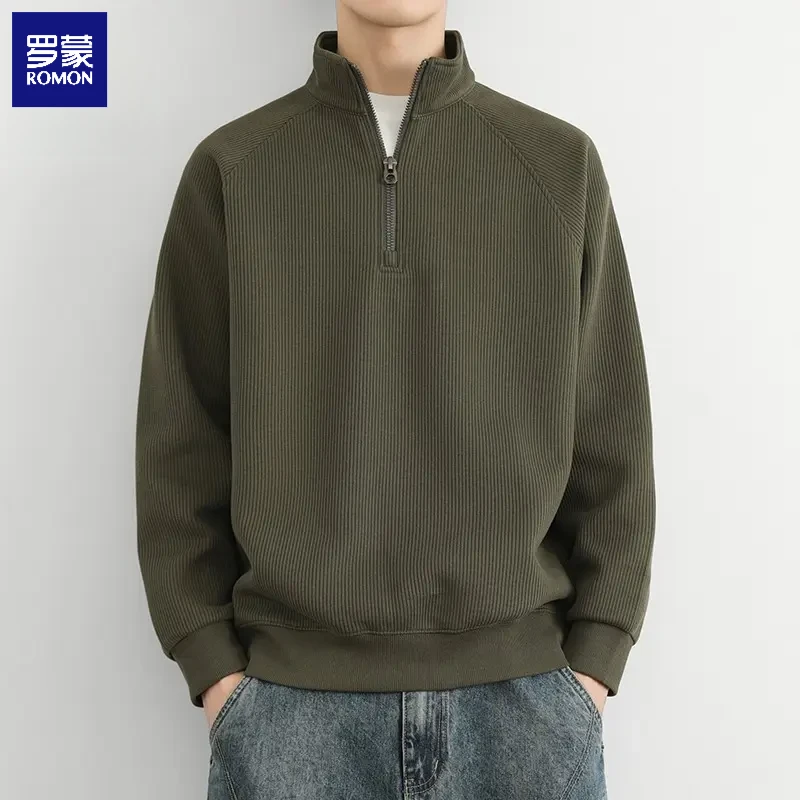 罗蒙半拉链立领毛衣男款春秋季美式复古针织衫男士纯色休闲卫衣潮