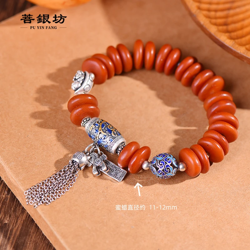 【菩银坊】925银老蜜蜡算盘珠盘缠手链 马上有钱祈福吉祥 马年新款
