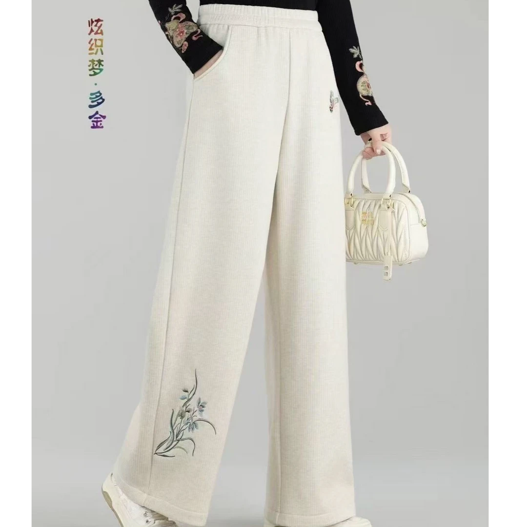 2024新冬款中式国风松紧腰刺绣蝴蝶兰加厚裤腿裤福利款