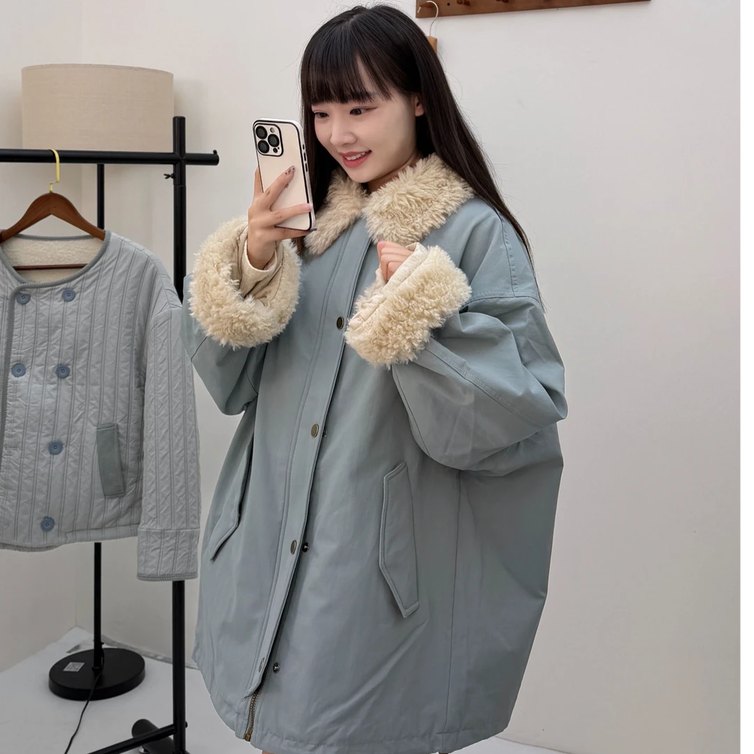 木里咕咕复古拼接羊羔毛外套女2025冬季新款派克棉服