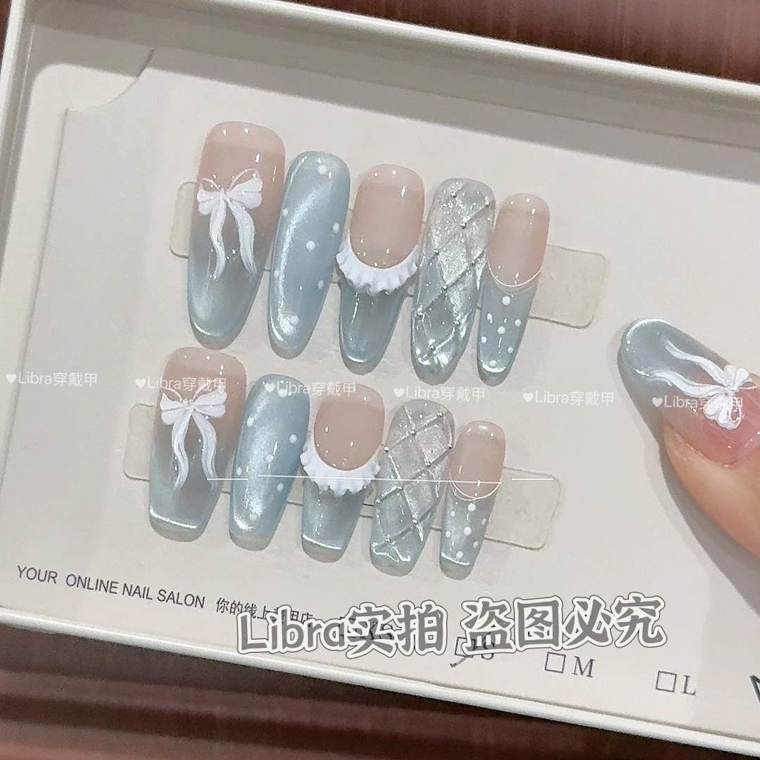 【浅湾慕斯】海盐蓝夏日清爽纯欲猫眼美甲纯手工穿戴甲