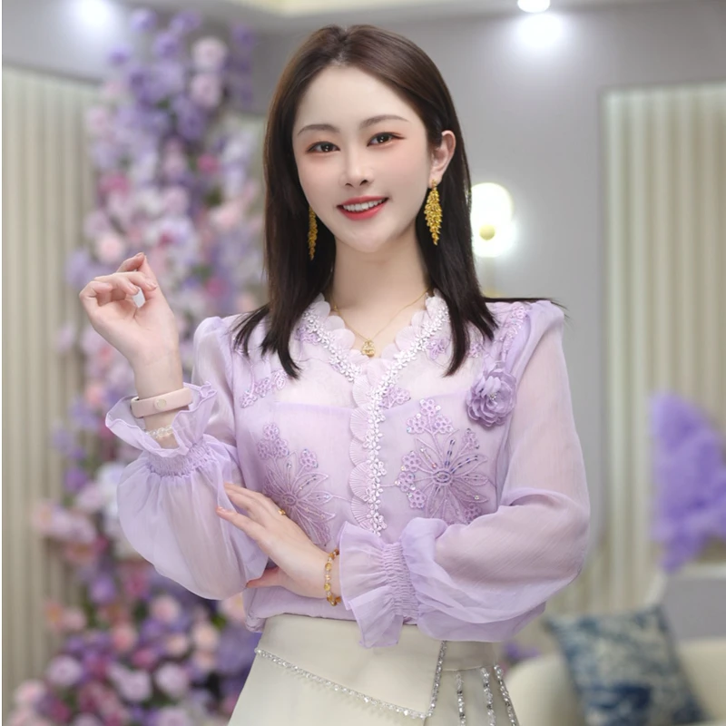 米娅 夏季薄款长袖衬衫女2025新款设计感高级轻奢法式上衣 DY5768