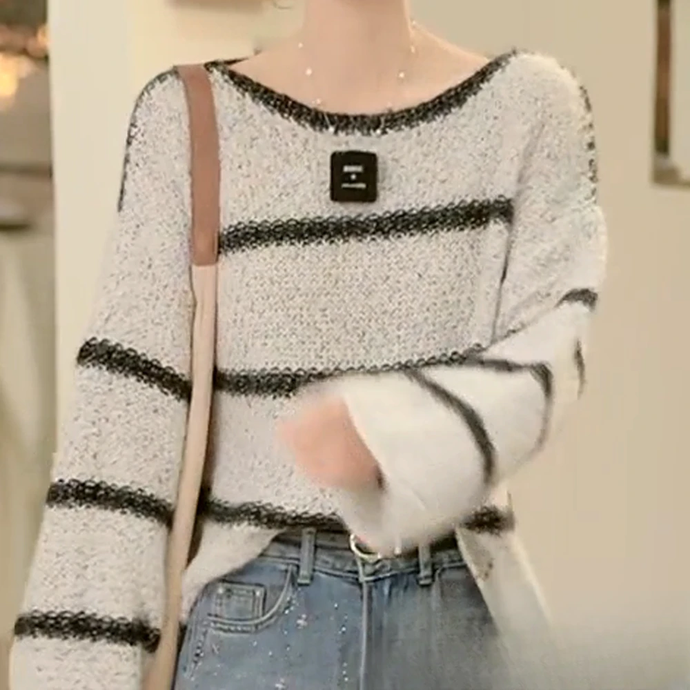 2025春季新款百搭条纹针织衫毛衣宽松韩版休闲长袖上衣