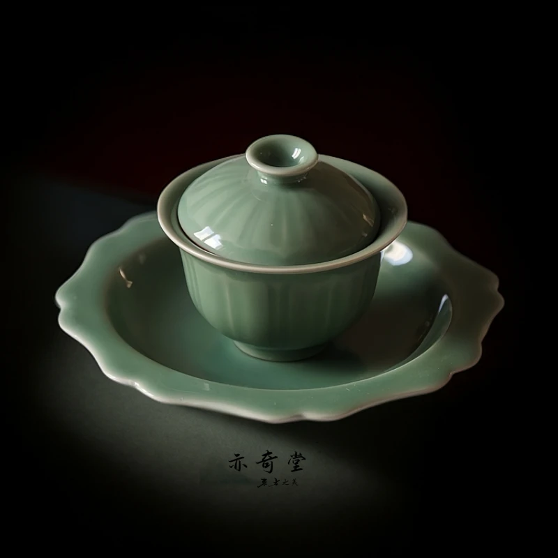 中式复古青瓷爱莲说汝窑莲瓣盖碗套组手工陶瓷茶具三才瓷盖碗茶具