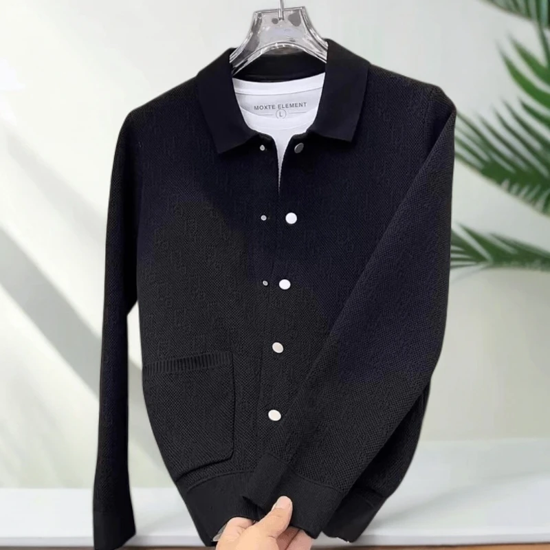 仓石一树2025秋季翻领针织开衫男士时尚修身韩版百搭气质简约外套