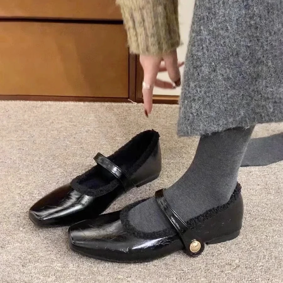 复古方头玛丽珍鞋女2024年秋冬季加绒保暖毛毛棉鞋平底晚晚单鞋女