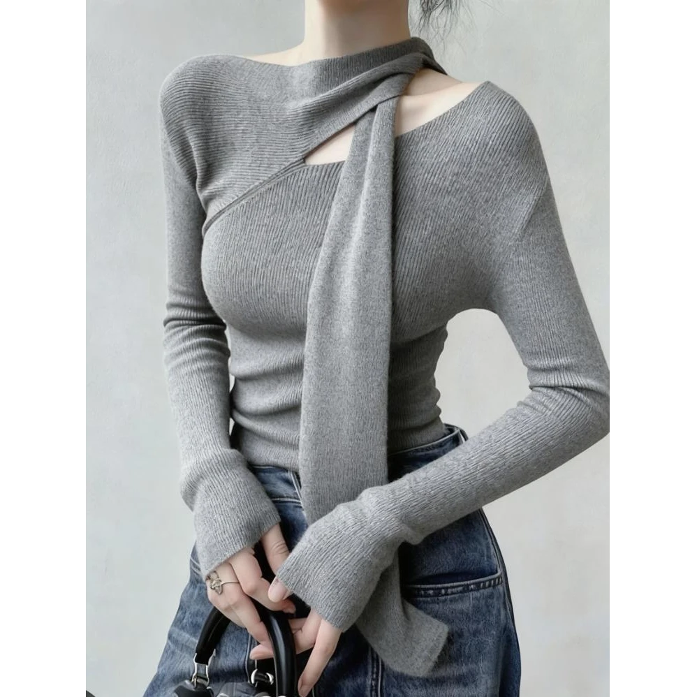 秋季独特超好看单穿上衣法式小众设计感洋气减龄通勤风灰色针织衫
