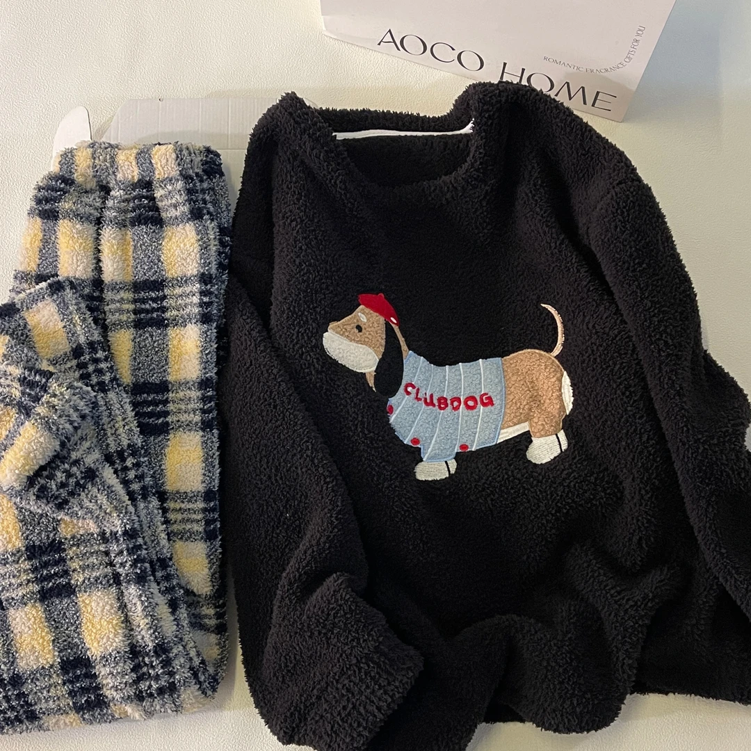 睡衣女秋冬季珊瑚绒大码加厚条纹狗仿半边绒套装可外穿冬天家居服