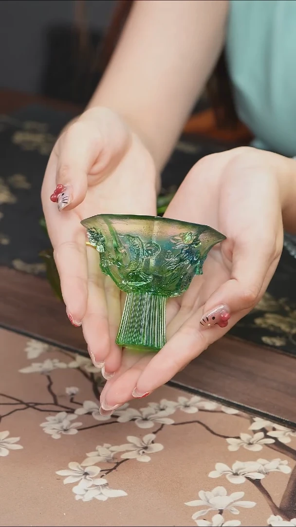 手工艺品琉璃蓝绿色荷花高足茶盏