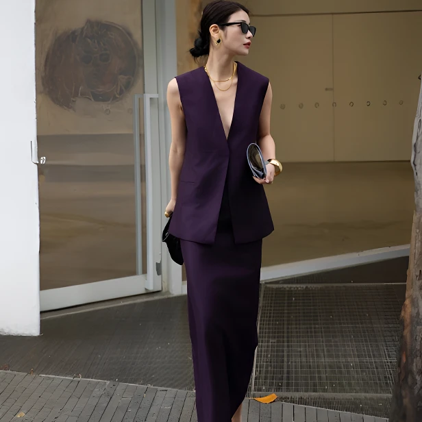 紫色优雅女神范马甲套装女2025夏季新款高级感无袖马甲开衫半身裙