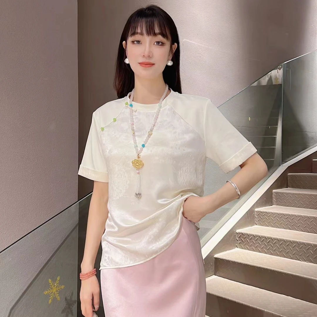 《ELFBOX》时尚中国风百搭复古宽松圆领中式气质冠乐绉短袖0178