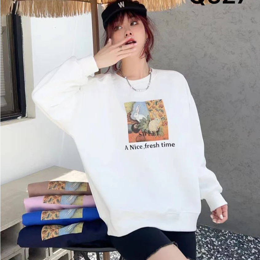 G-2  527韩版圆领油画兔子印花百搭宽松时尚卫衣衣长65胸围118