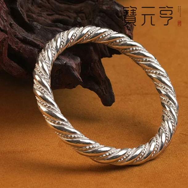 足银银制品 足银 时尚百搭个性绞丝手工麻花银手镯 男女同款手环