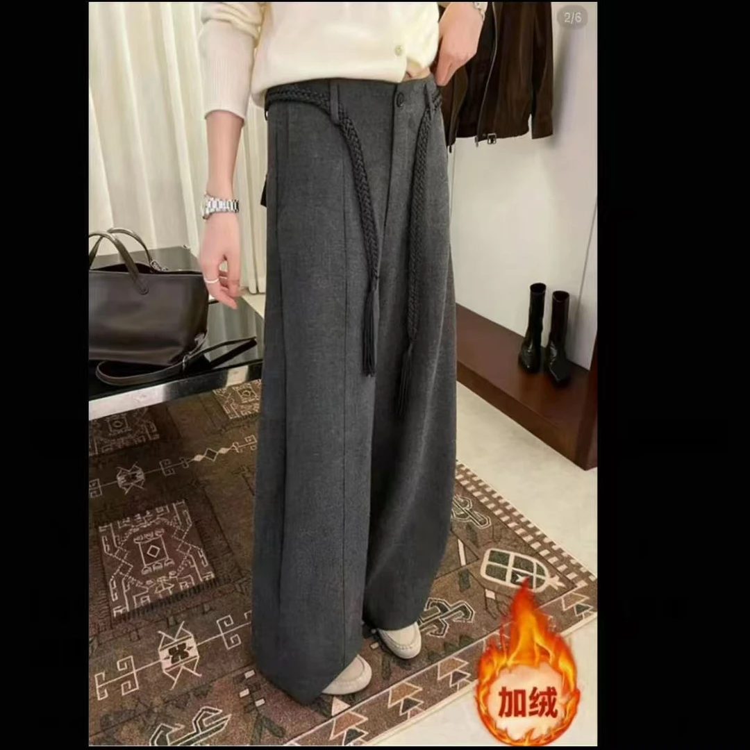 送腰带加绒毛呢直筒休闲裤2025冬季高腰新款宽松托地百搭阔腿裤