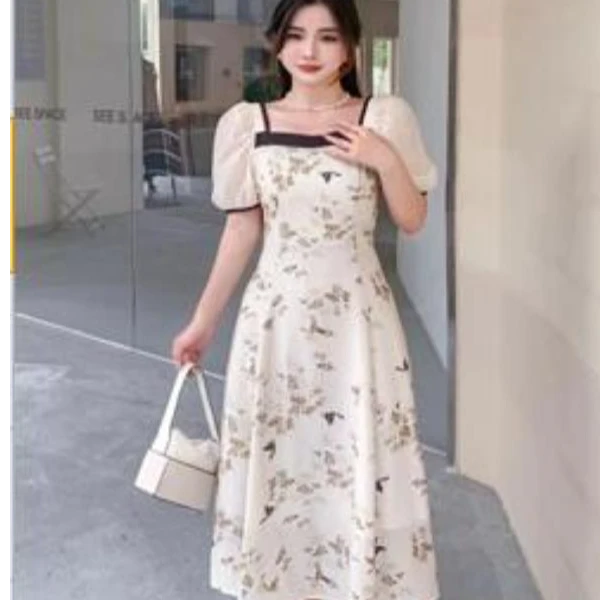 长裙方领无袖中长裙子连衣裙蝴蝶收腰小众裙子常规夏季时尚