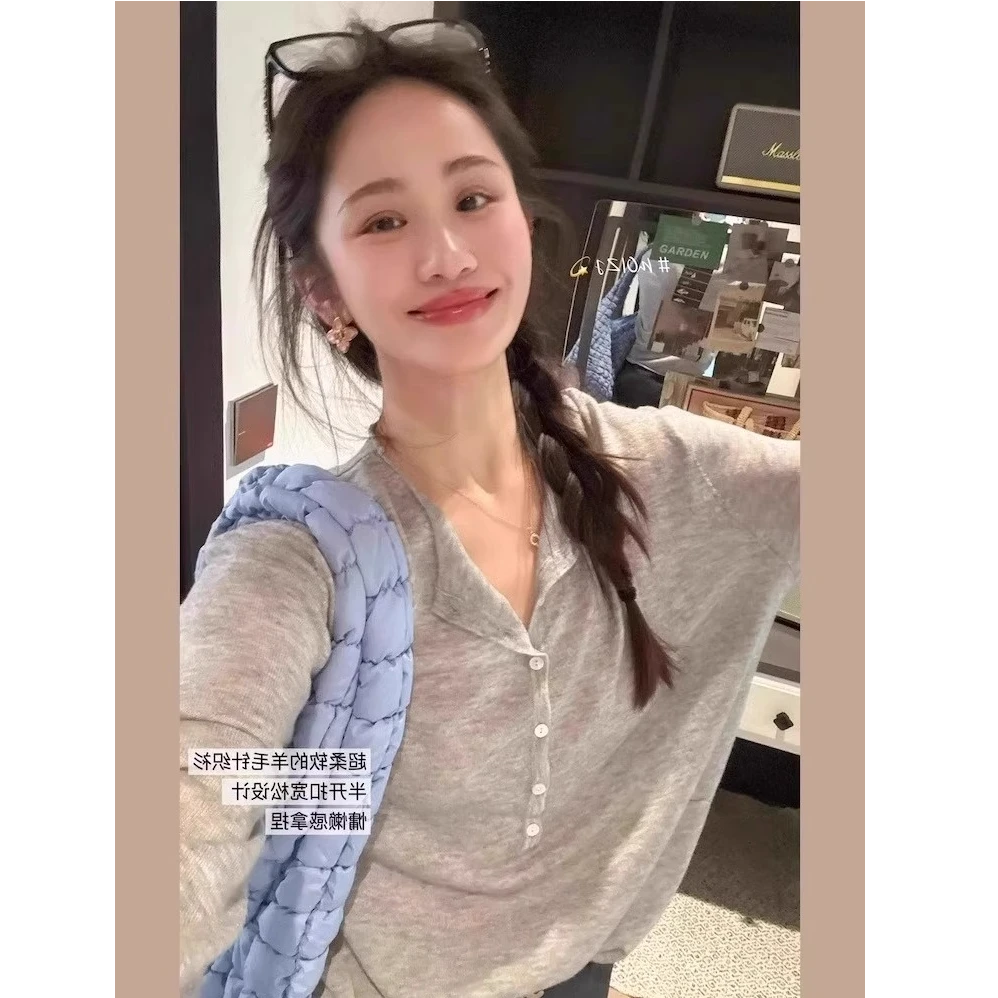 韩系灰色针织冰丝长袖防晒t恤空调衫女夏外搭罩衫半开领薄纱上衣