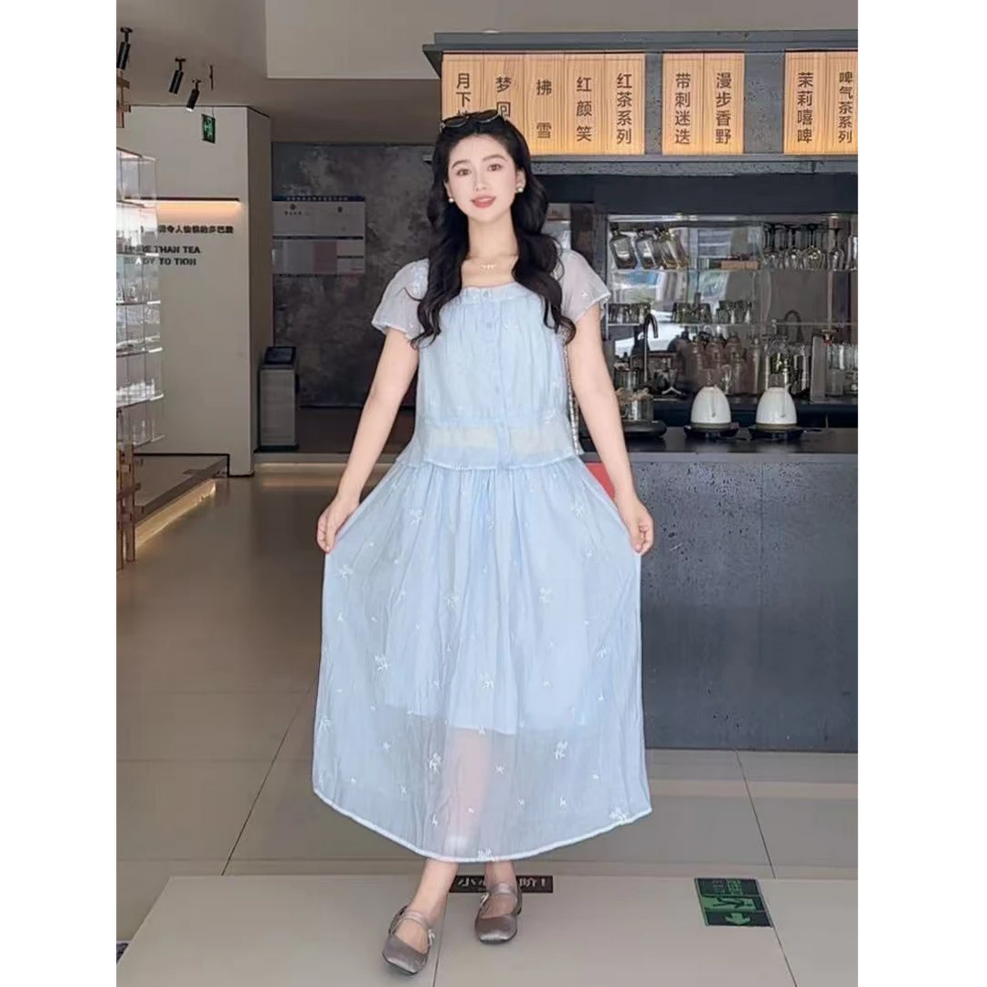 蓝色方领绣花设计短袖衬衫+半身裙套装女夏复古两件套JS-L001