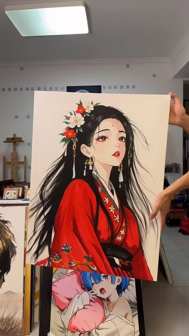 丙烯画见*红衣古风美女丙烯画x加框
