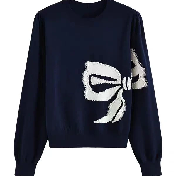 蝴蝶提花圆领针织衫女长袖秋冬羊毛打底外穿上衣