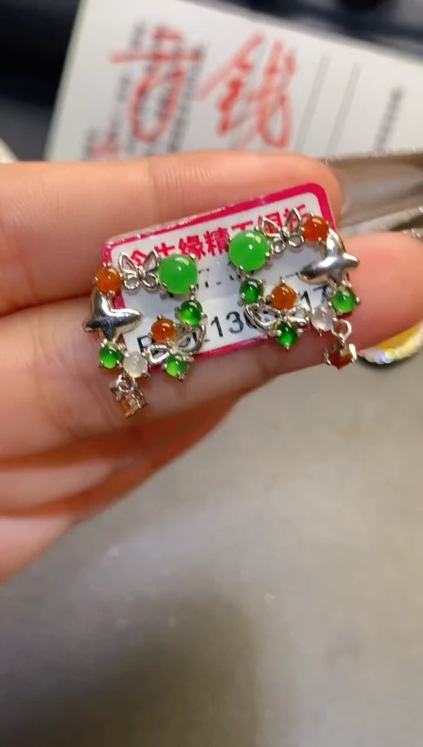 银S925镶嵌翡翠耳饰天然