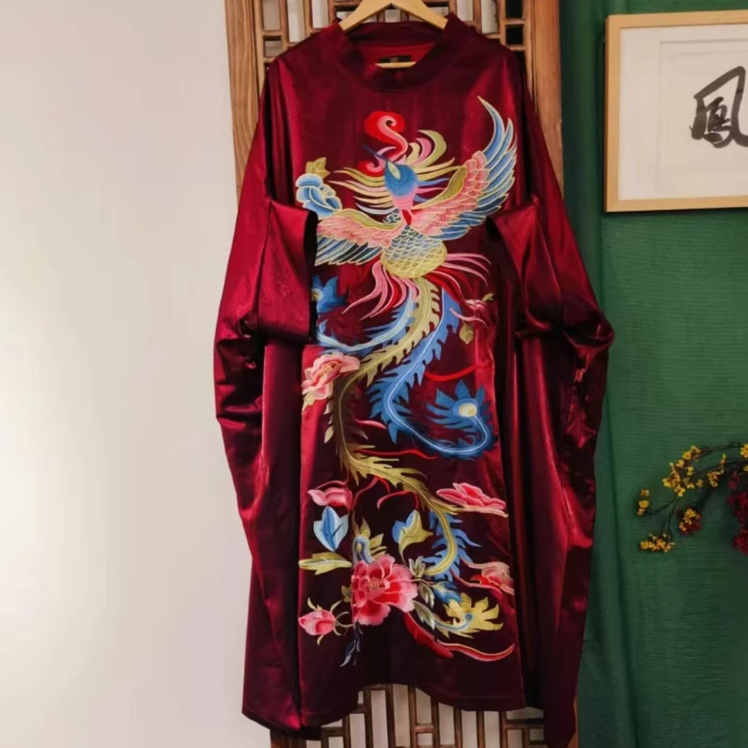 凤徕兮私人定制暗红色光板底彩凤刺绣套头袍子外套    LS325-3