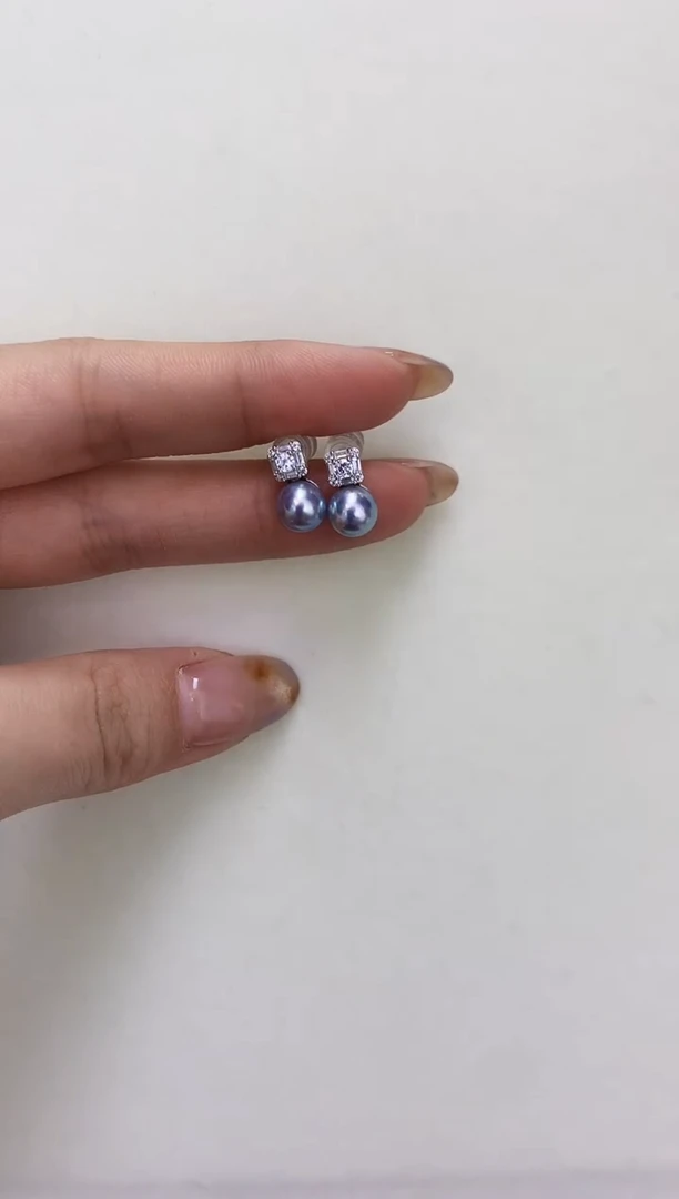 银S925镶嵌DA海水珍珠灰珠耳钉7-8MM GD212