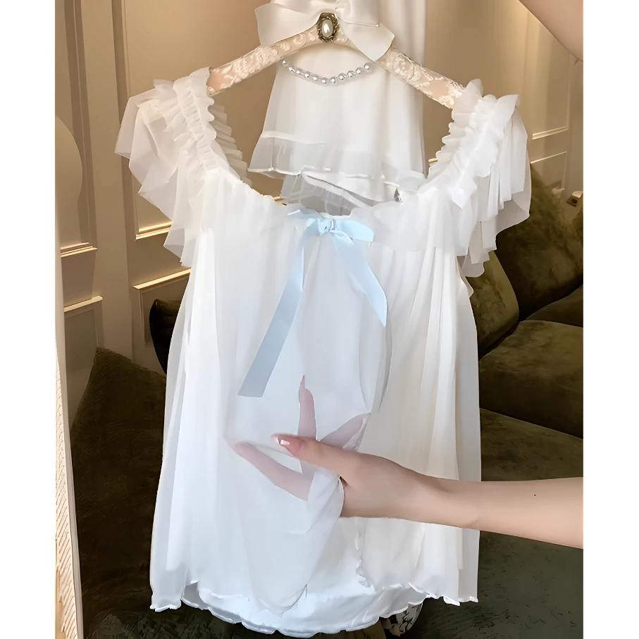 法式甜美蝴蝶结小飞袖吊带睡衣夏季公主少女风网纱薄款家居服套装