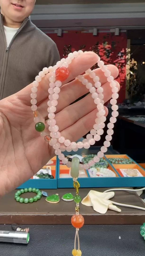 颈饰未镶嵌和田玉藕粉108颗多圈卡5