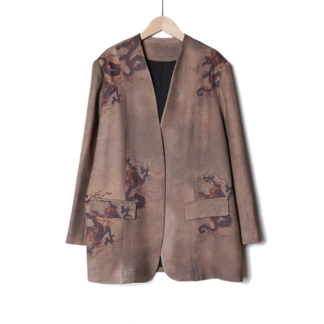 中式高级国风时尚柞蚕丝龙印花无领西装42006-1