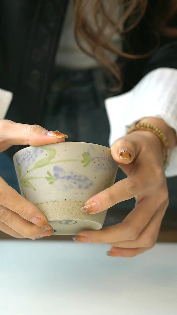 陶出****?675瑕粗陶手绘薰衣草猪口杯220@4-2@