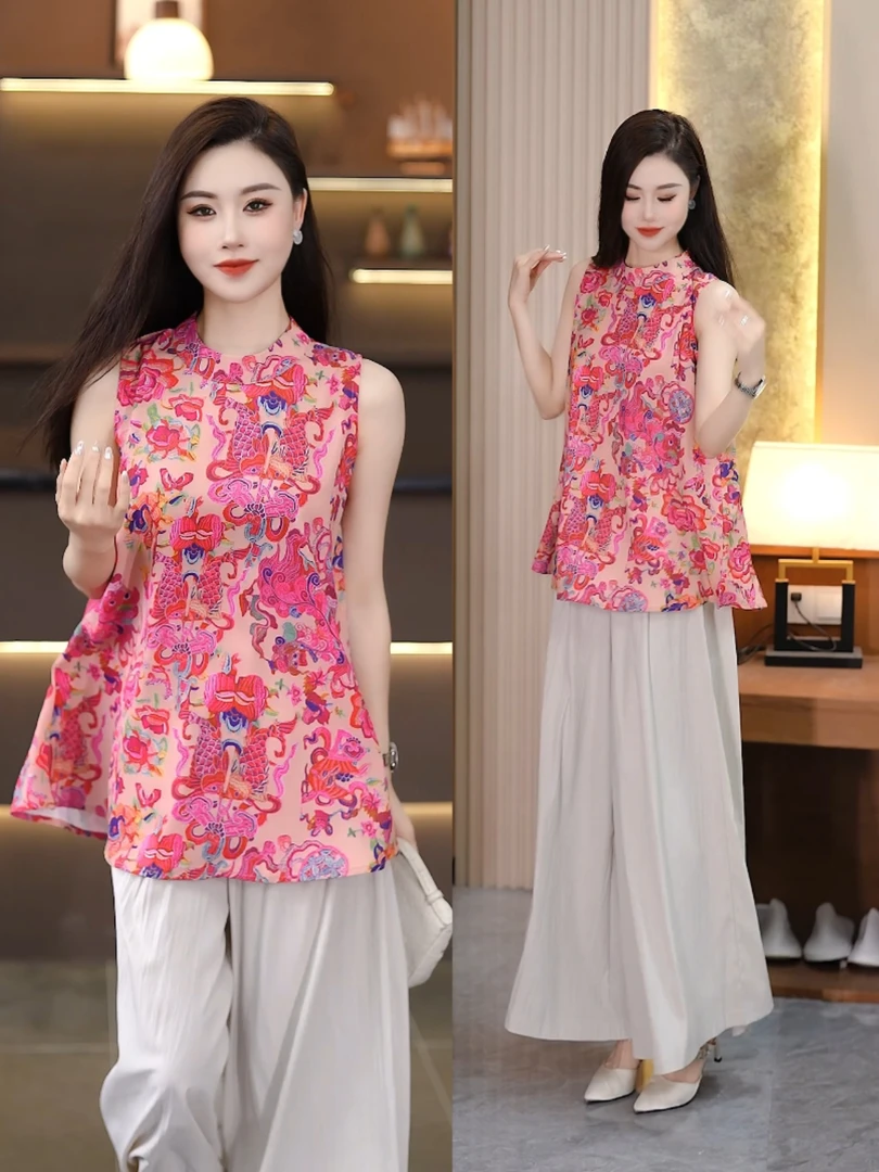 新中式风印花无袖背心套装女2025夏新款时尚休闲宽松阔腿裤两件套