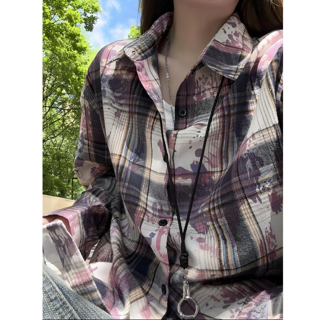 美式高街扎染格子衬衫春秋季复古氛围感设计感衬衣外套高级感上衣