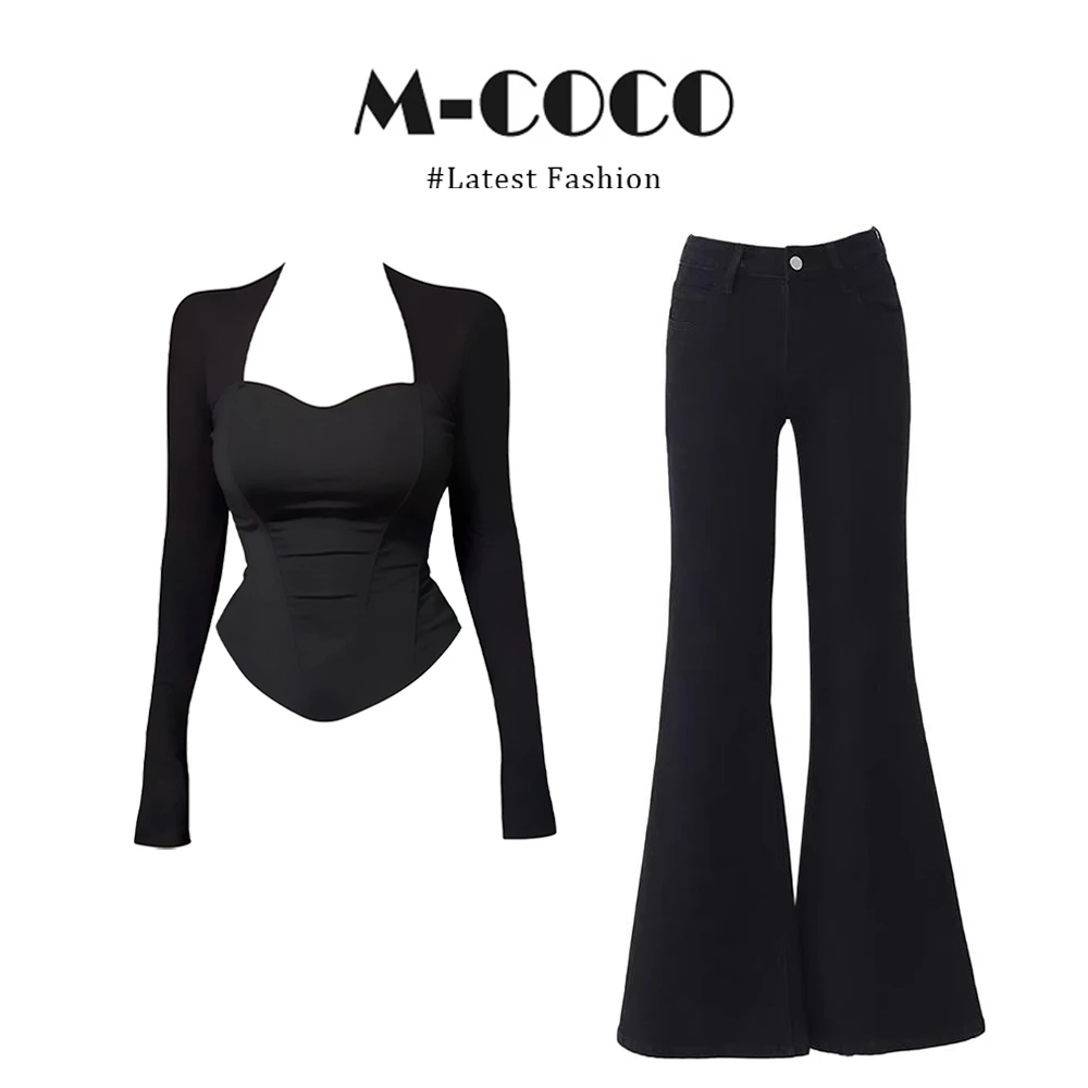 INS CEC巨显瘦!!!辣妹性感黑色掐腰坎肩长袖T恤上衣微喇裤套装