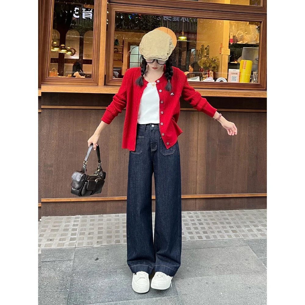 原生色常规阔腿牛仔裤女2025年新款百搭高腰显瘦直筒裤89152