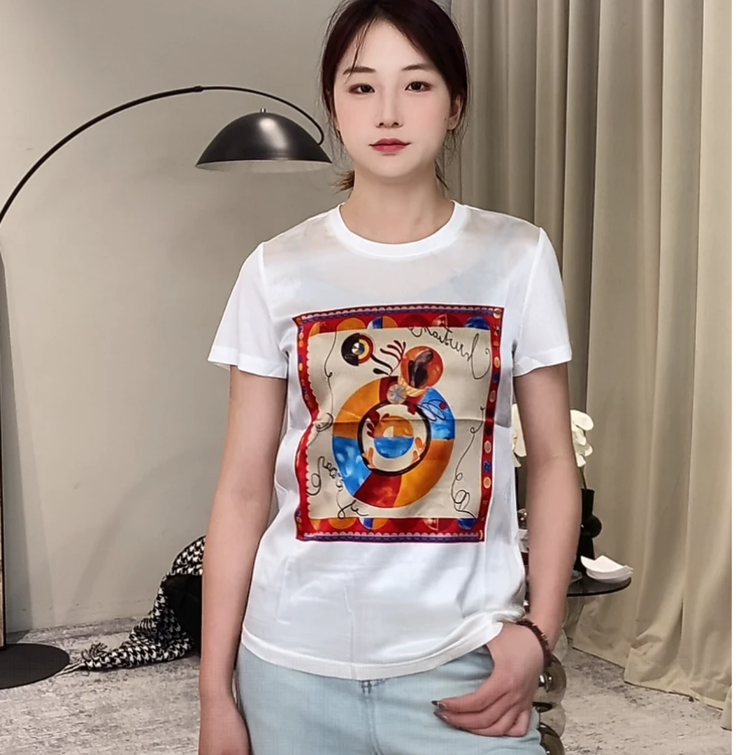 【燕子在南油】衣长60时尚休闲真丝印花拼接棉圆领短袖T桖3897