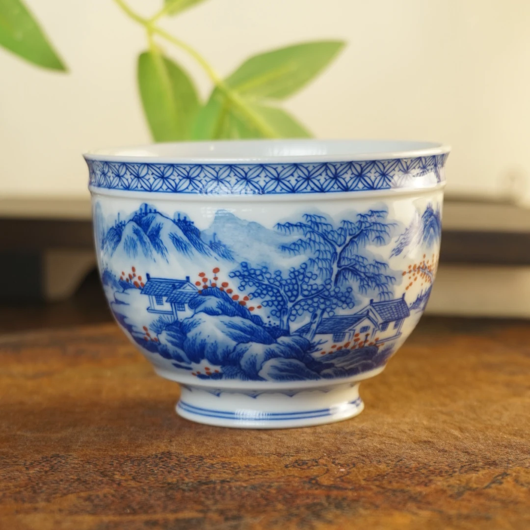 杜家柴窑青花带釉里红山水开窗主人杯缸杯纯手工手绘柴窑景德镇