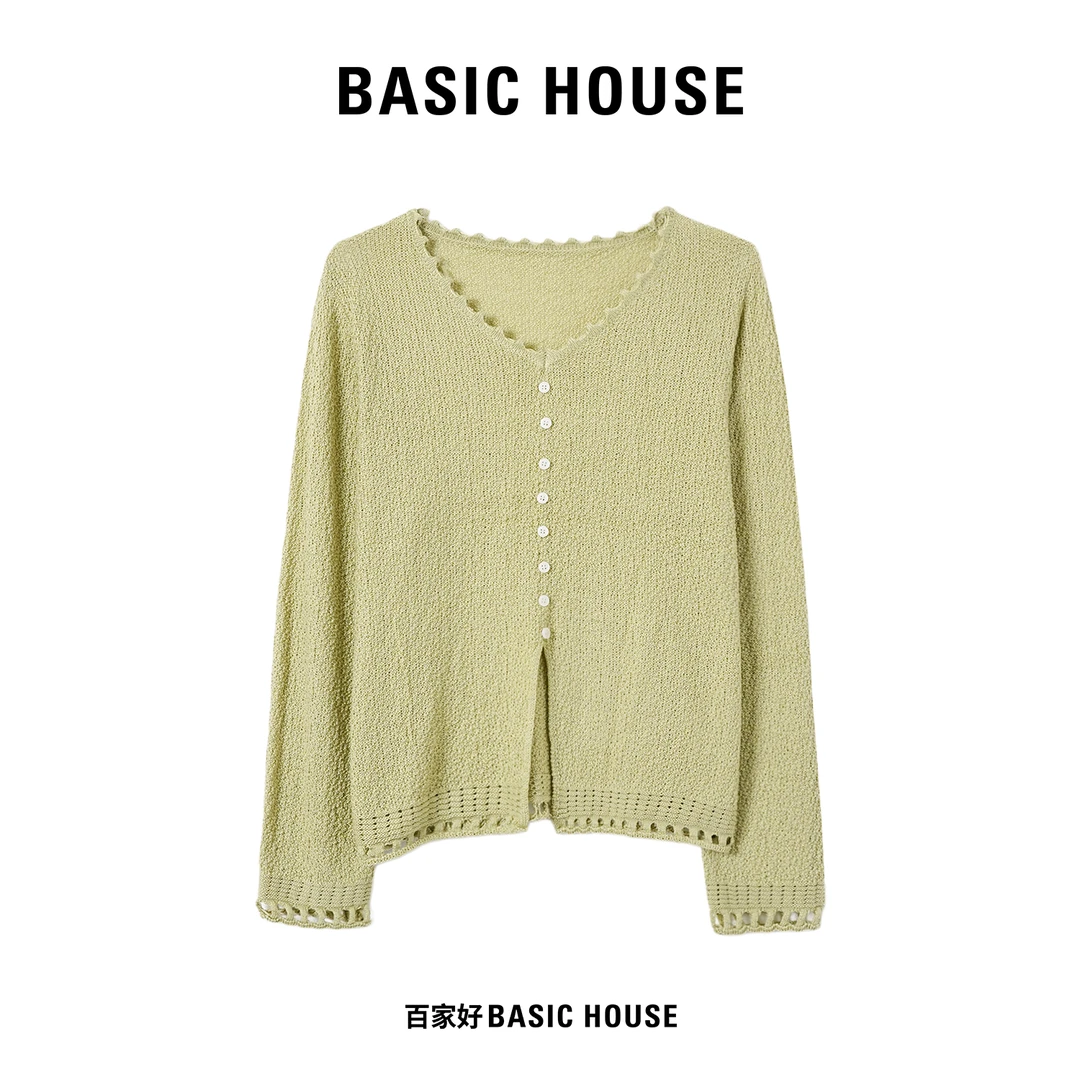 Basic House/百家好2024新款纹理镂空蕾丝花边设计感针织衫JDXX