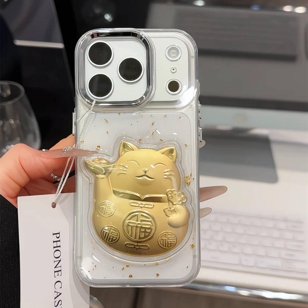 金箔招福猫适用苹果17pro手机壳16pm电镀滴胶华为p80荣耀oppo小米