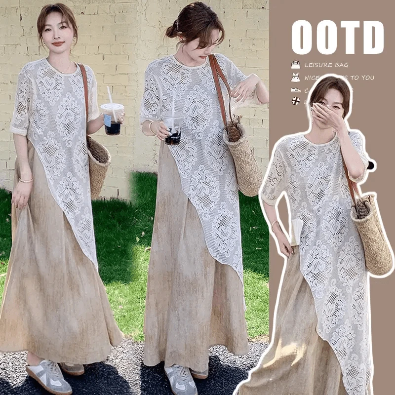 孕妇装夏季两件套2025新款蕾丝镂空罩衫吊带连衣裙冰丝夏天夏天