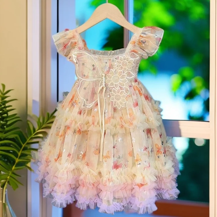 【H1608】2025新款四层突突蝴蝶翅膀公主裙女童夏款网红儿童公主裙