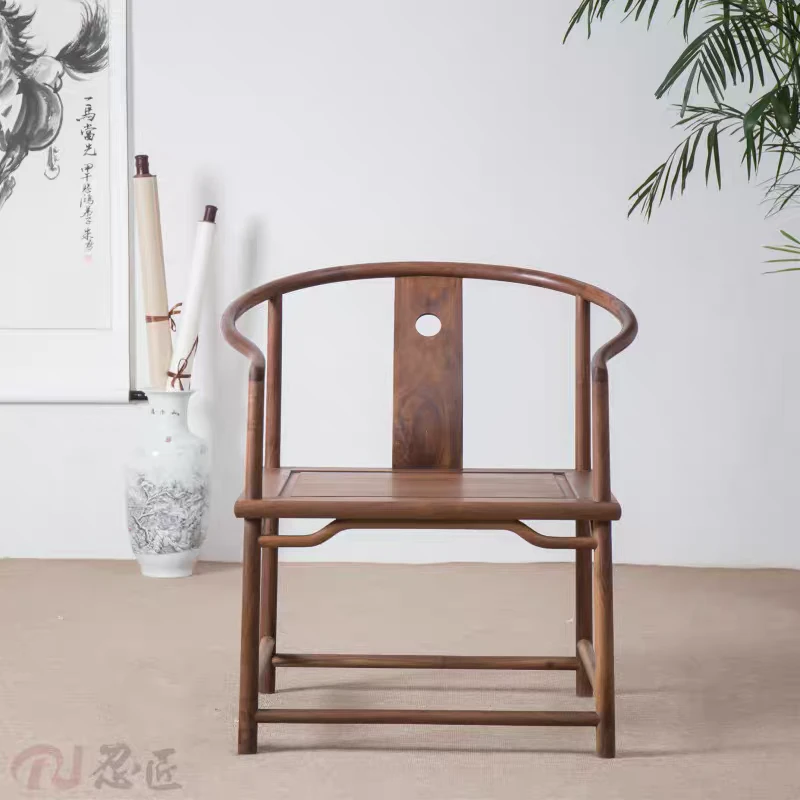 新中式胡桃木实木圈椅中式老榆木围椅单人靠背椅子木制圈椅太师椅