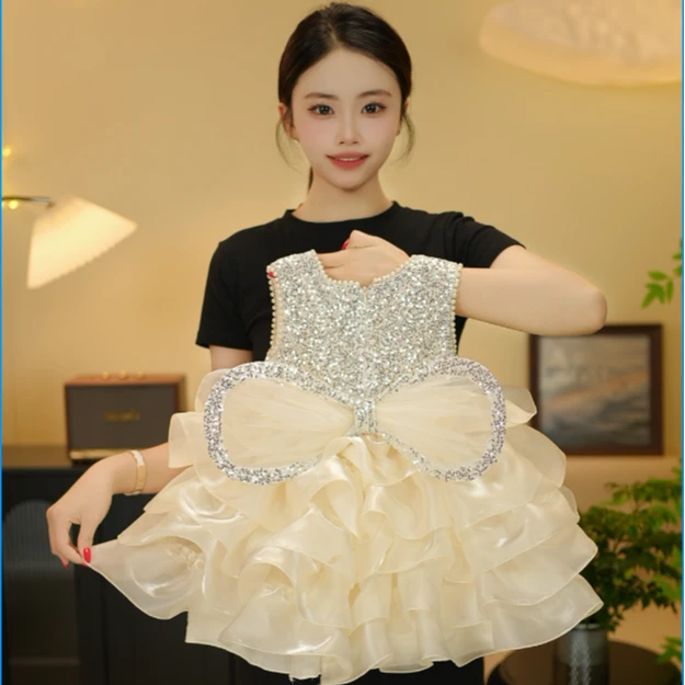 2025女童夏季新款高定蓬蓬裙小香风翅膀公主裙走秀连衣裙