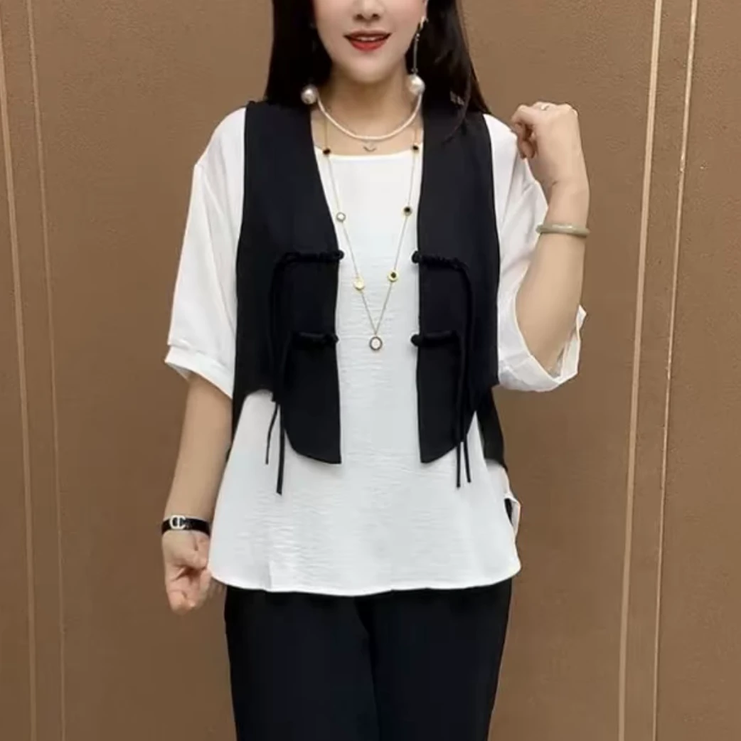 2025高档盘扣款新款时尚宽松休闲三件套装女夏季国风三件套妈妈装