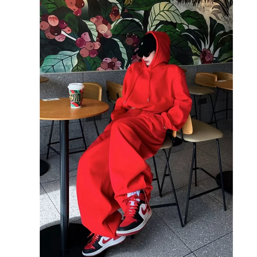 韩版加绒休闲套装女潮流百搭连帽短卫衣松紧腰阔腿裤运动服两件套