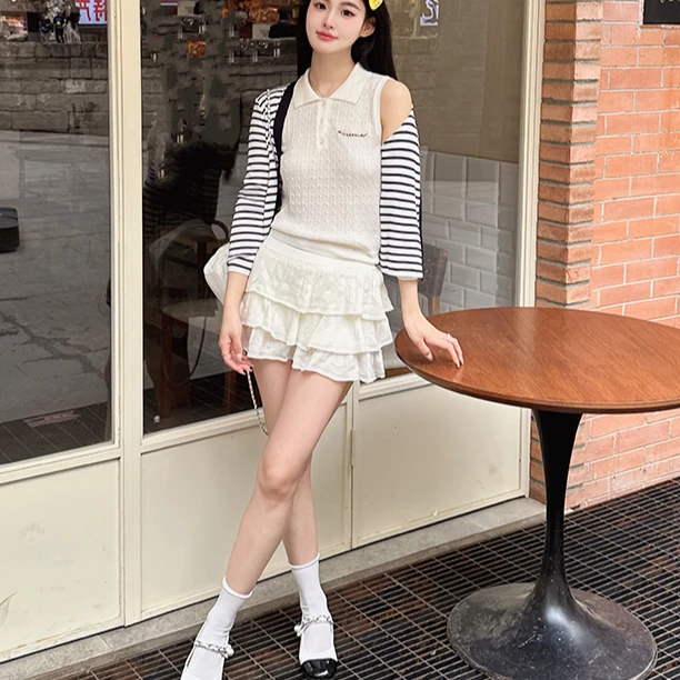 大姐姐 软妹 60支羊毛 针织镂空上衣花边短裙/polo短袖网红套装女